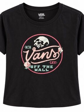 Vans Black Short-Sleeve Crop Tee with Pink Floral Logo